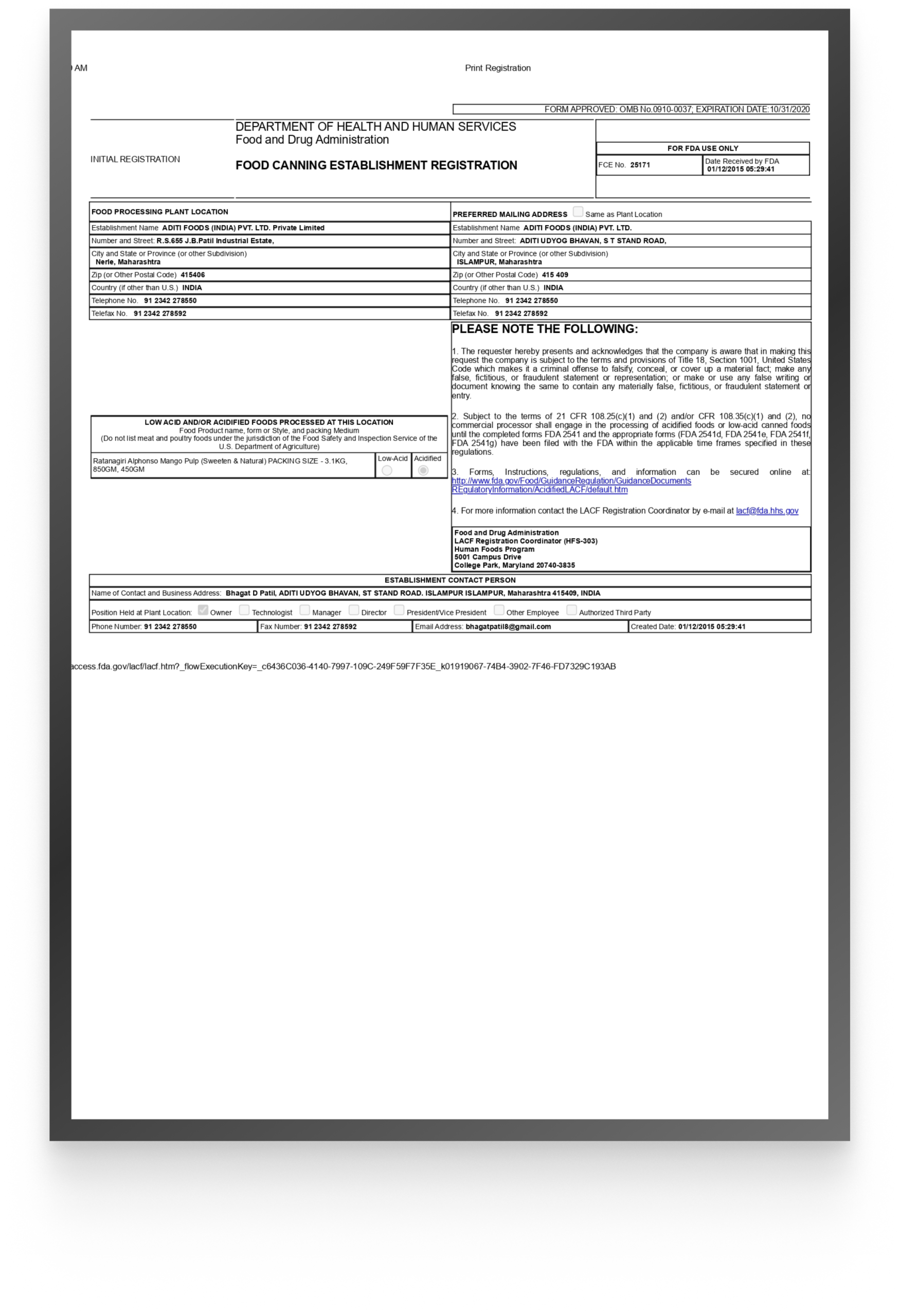 FCE FDA certificate Aditi Foods low acid canned food USA