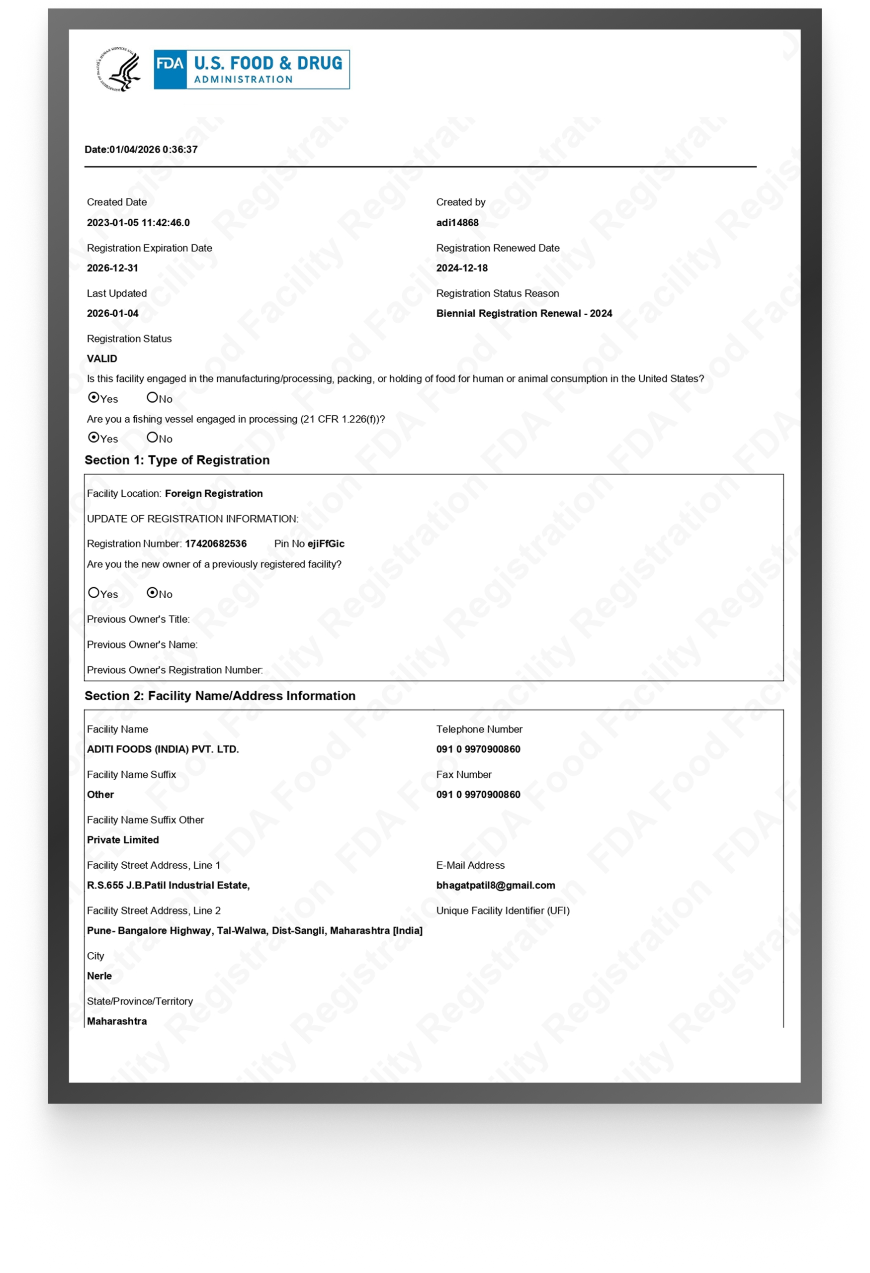 US FDA FFR registration Aditi Foods India food exporter