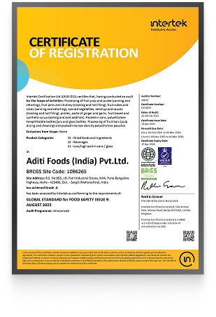 BRC 9 certificate Aditi Foods India food manufacturer