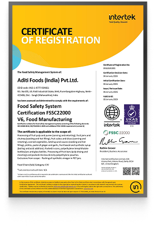 FSSC 22000 v6 certificate Aditi Foods food safety certification